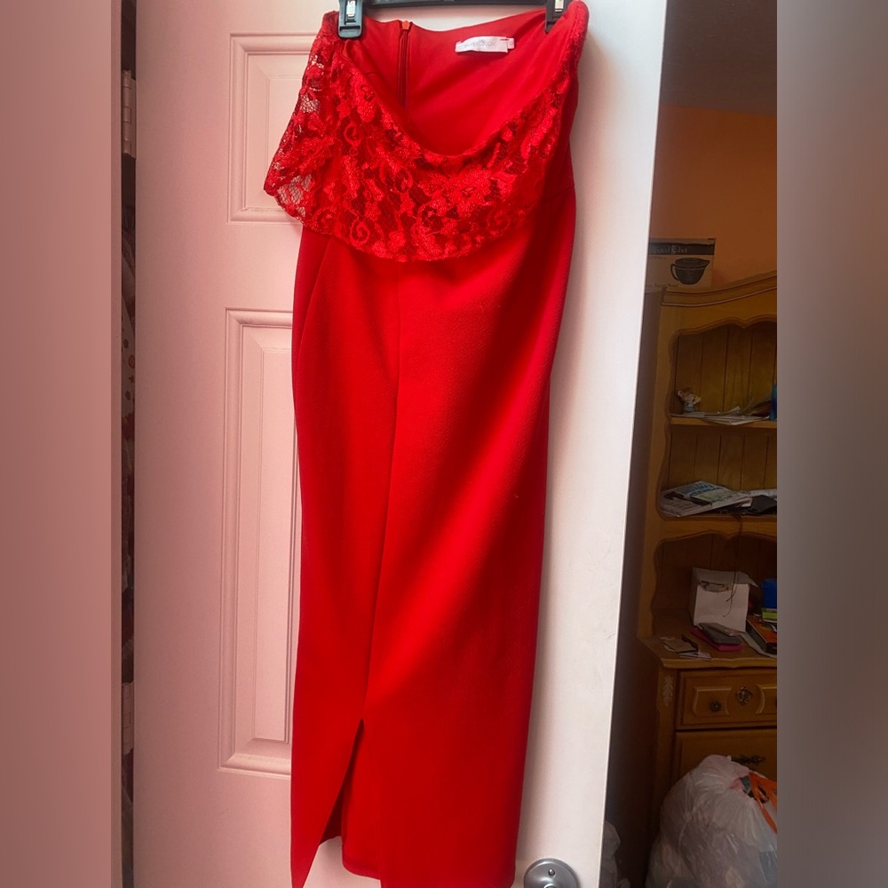 Red strapless midi dress